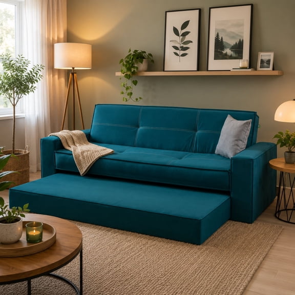 Sofá Cama Confort Clean Azul M & E MUEBLES Matrimonial 3 Posiciones Con Cama Oculta