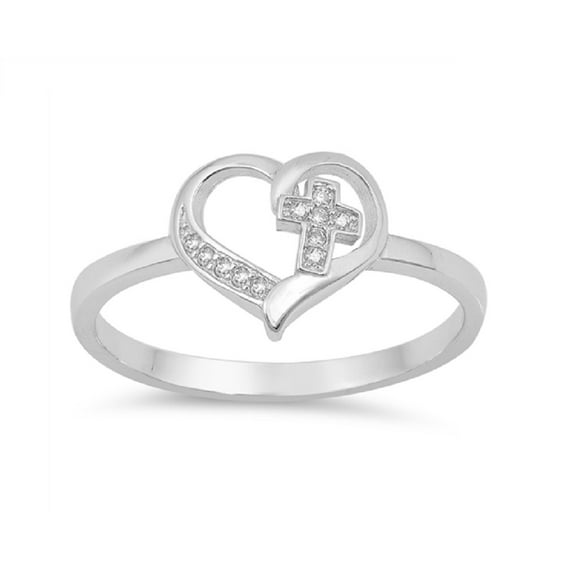 Clear Cubic Zirconia Little Cross In Heart Ring Sterling Silver Size 5