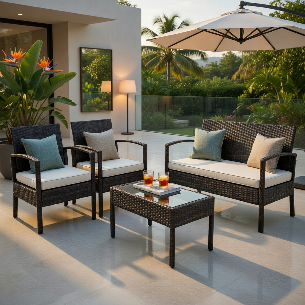 Hommoo 4-Piece Outdoor Rattan Patio Conversation Set, Double Loveseat, 2 Single Sofas & Glass-Top Coffee Table, All-Weather PE Wicker with Steel Frame, Black