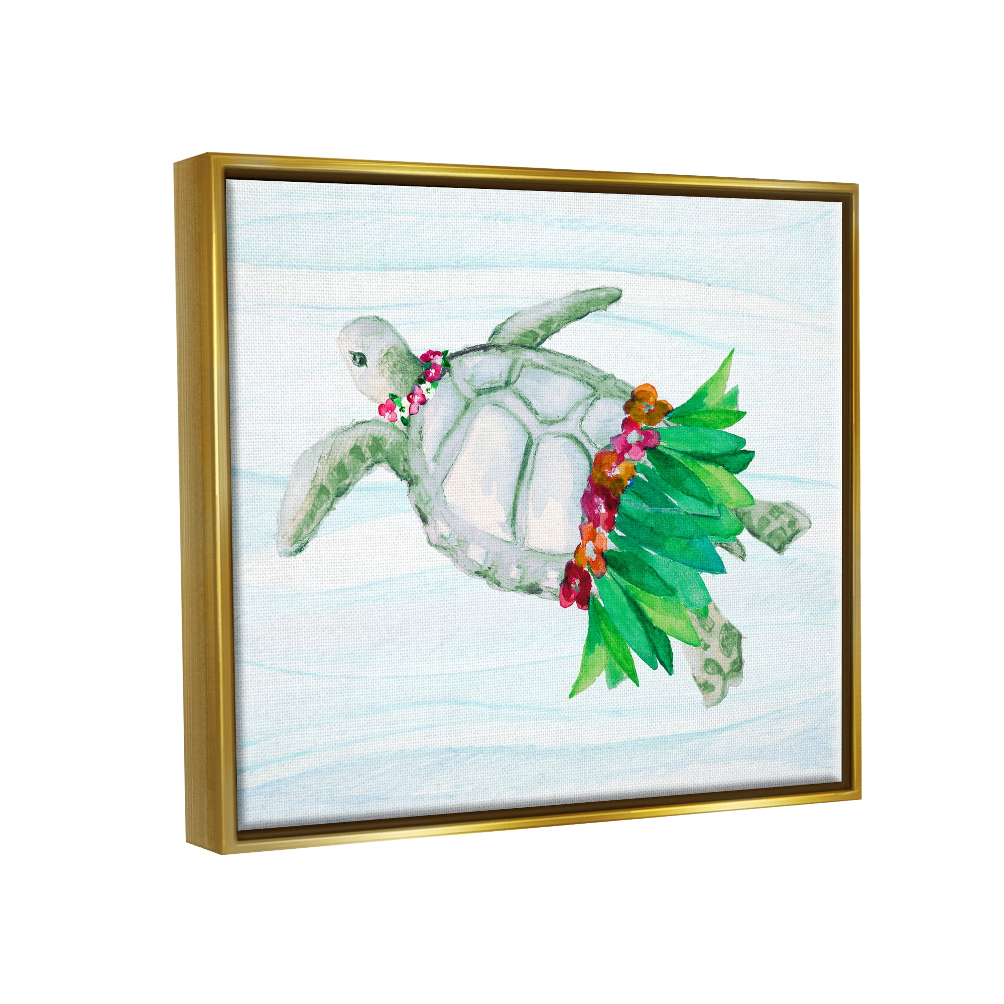 Stupell Hula Turtle Funny Tortoise Landscape Painting Gold Floater Framed Art Print Wall Art