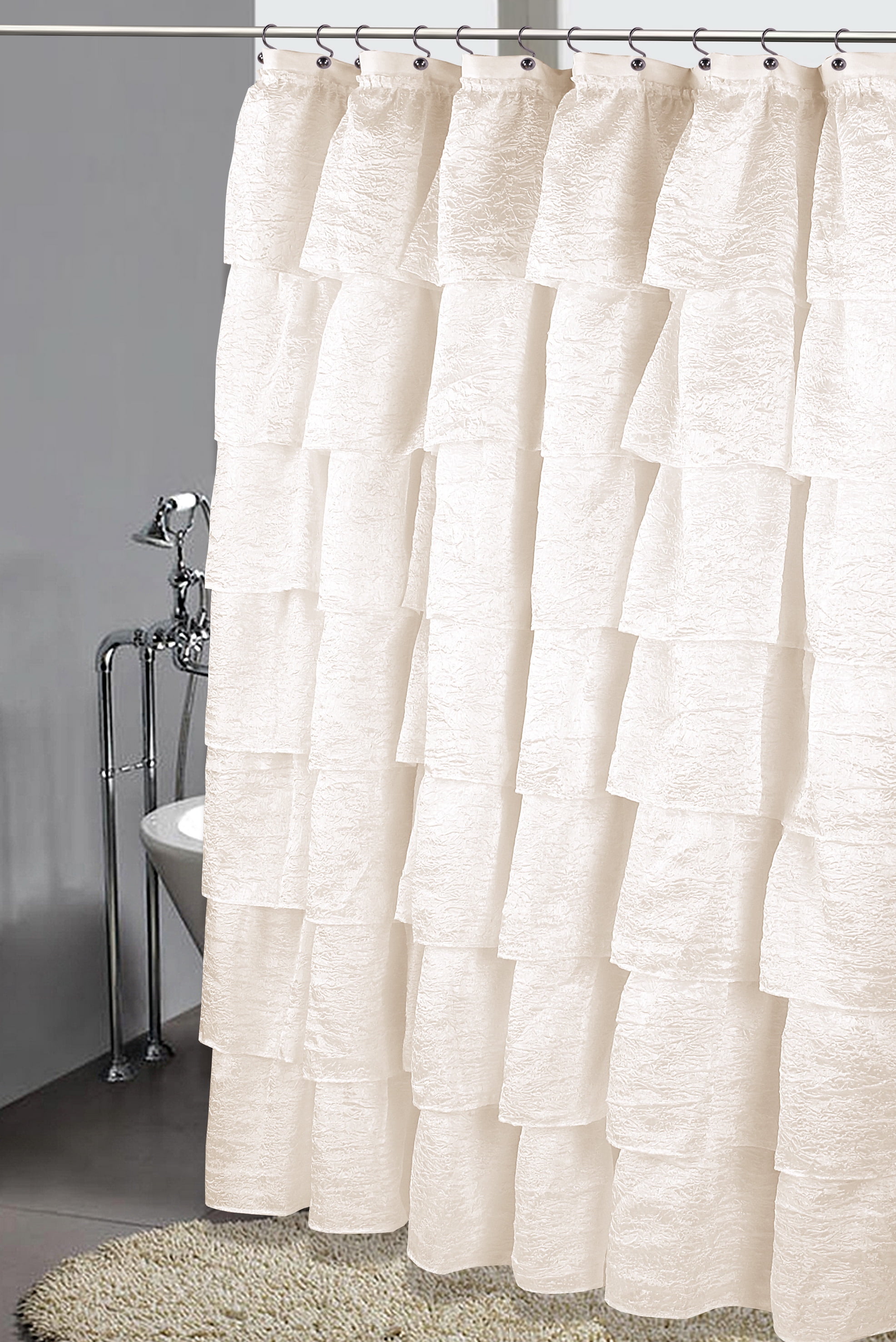 Waterproof Ruffle Layers Shower Curtain Ruffled Bathroom Curtain White 12 Hooks 