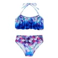thumbnail image 3 of TiaoBug Girls 2 Pcs Mermaid Bikini Sets Shiny Halter Ruffles Crop Top with Triangle Brief Bathing Suit Tankini Blue A 130, 3 of 5
