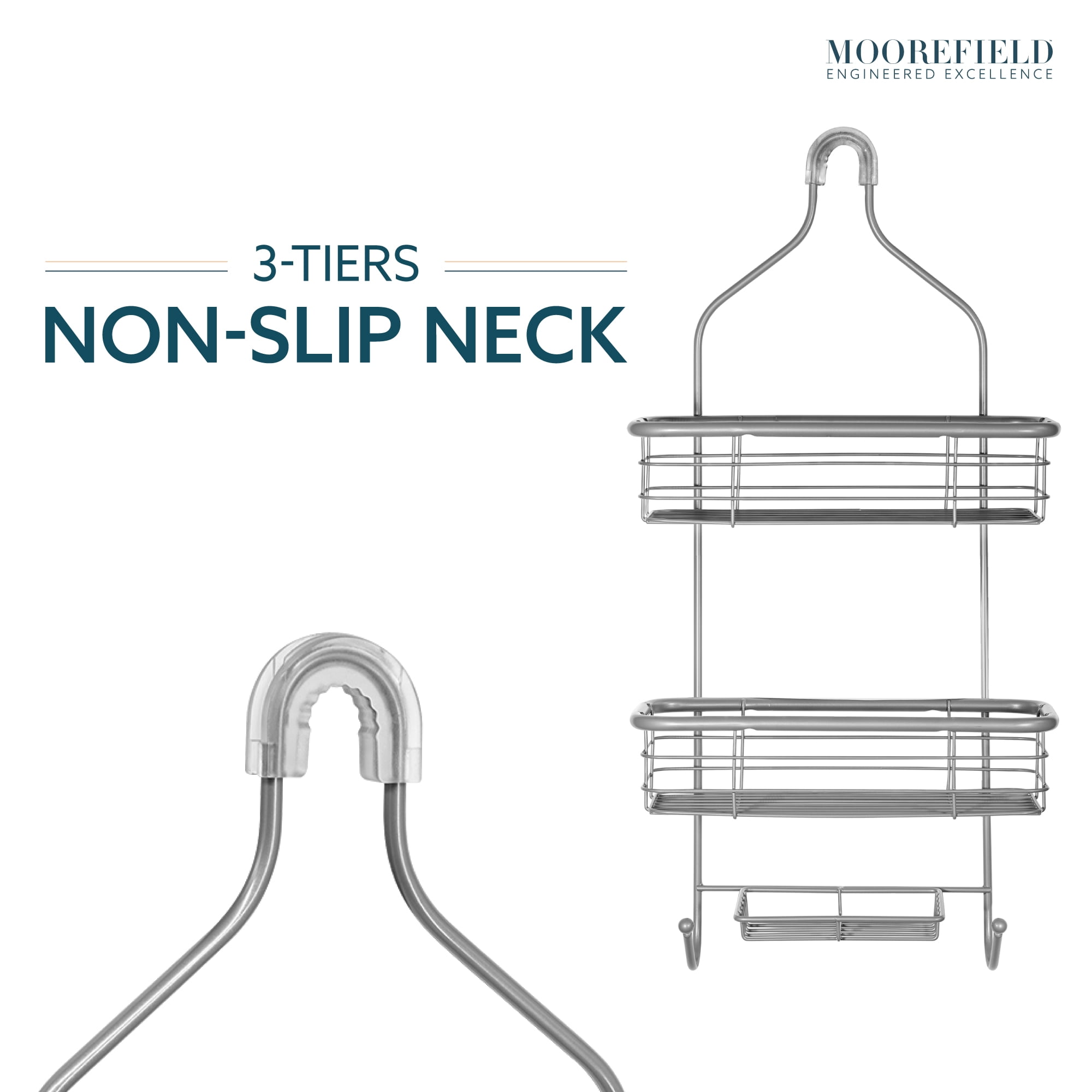Moorefield 3-Tier Hanging Shower Caddy with Suction Cups, Non-Slip Neck, Bathroom Organizer, Matte Gray