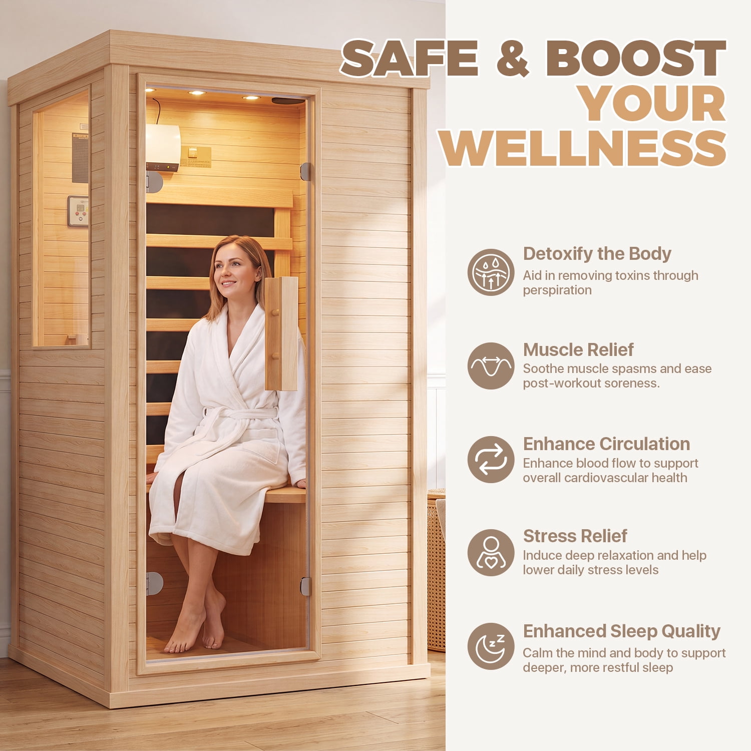 BaPiPro Infrared Sauna, 1-Person Home Far Wood Sauna, Canadian Hemlock Dry Sauna Spa Room with Low EMF Carbon Fiber Panels, Indoor Sauna with LED Light & Bluetooth Speaker