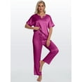 thumbnail image 3 of DAKIMOE Womens Silk Satin Pajama Sets Short Sleeve Pjs V Neck Pajamas for Women with Long Pant S to XL, 3 of 8