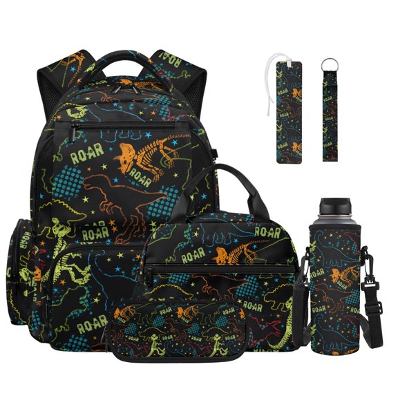 ZUXONGSY Dinosaur Print 6 in 1 Backpack Set for Boys Grils, Large Capacity School Backpack with Lunch Bag, Pencil Case, Water Bottle Holder, Keychain & Bookmark, Lightweight Bookbag for School
