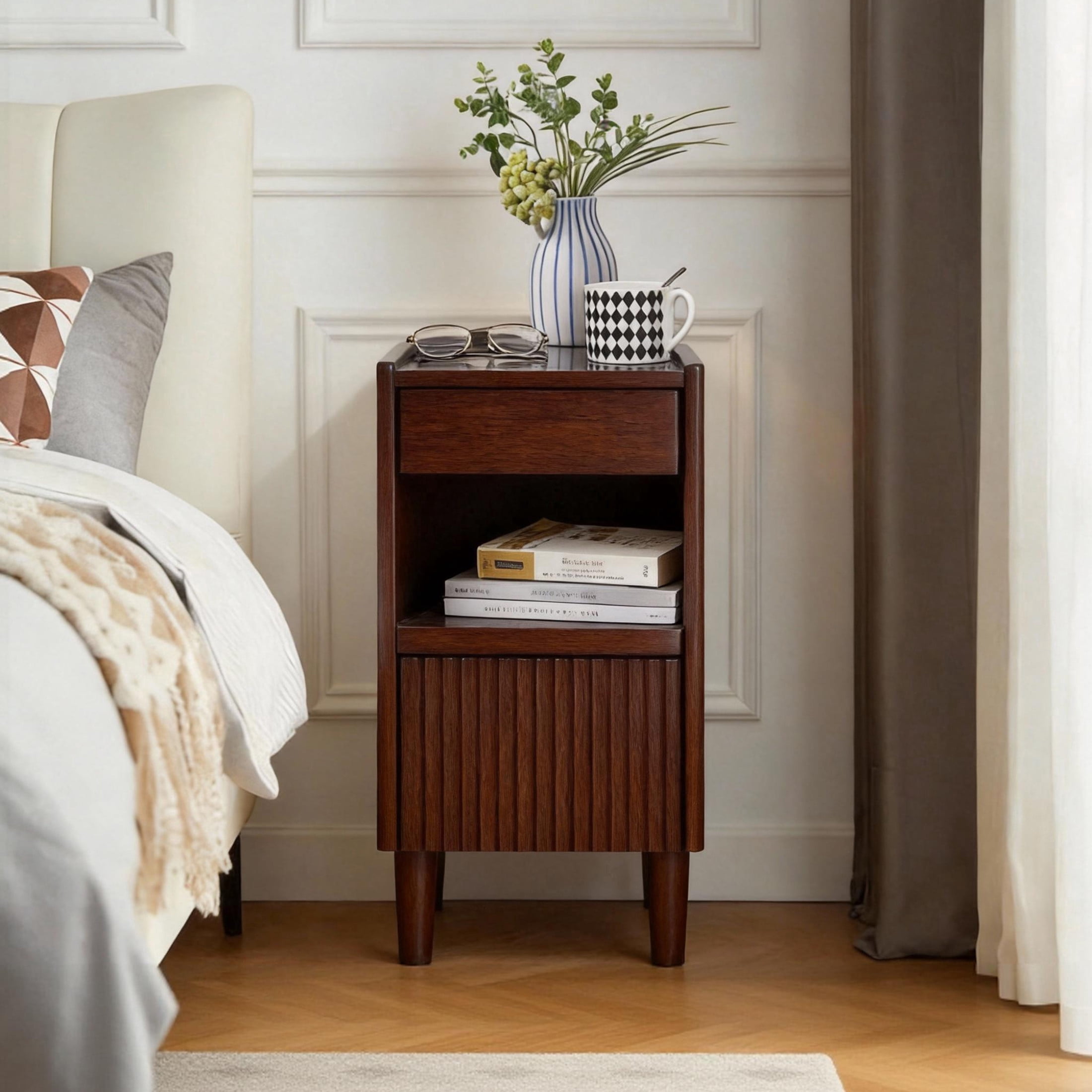 Noble House Solid Wood Nightstand with Glass Top, Narrow Bedside Table with Drawer and Open Shelf, Walnut
