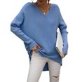 thumbnail image 3 of Sunloudy Suéter de otoño para mujer, suéter de punto de manga larga con cuello en V de color sólido con dobladillo irregular para damas, S / M / L / XL Sunloudy  moda, 3 of 8