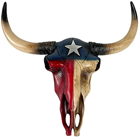 Urbalabs Rustic Texas Flag Longhorn Cow Skull and Horns Wall Sculpture Faux Taxidermy Animal Western Wall Mount Decor 16 Inches Wide Bull Statue Ranch Decoration Hand Painted