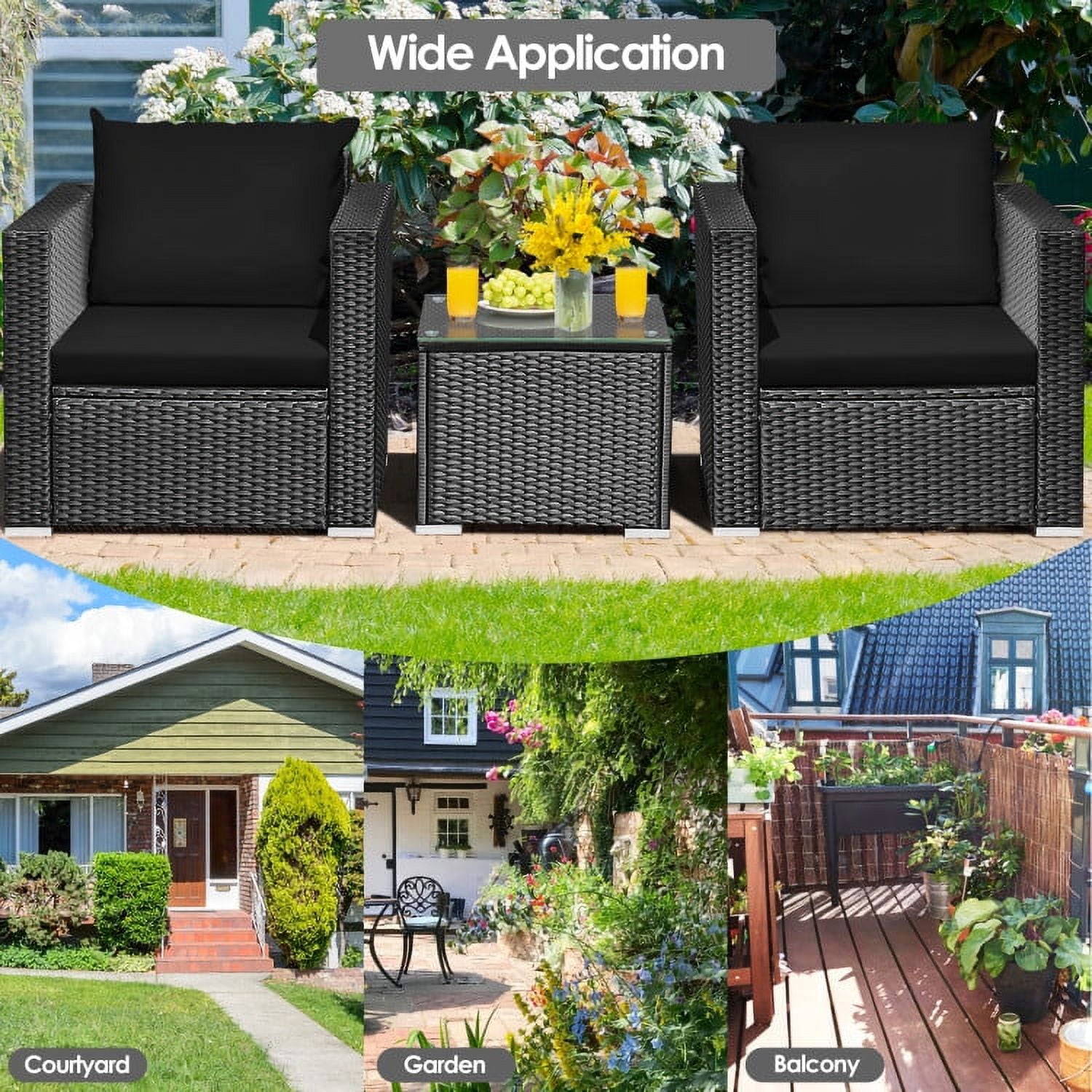 Aimee Lii 3 Pieces Patio Wicker Conversation Set with Cushion, Modern Patio Furniture, Black Aimee Lii 3 Pieces Patio Wicker Conversation Set with Cushion, Modern Patio Furniture, Black