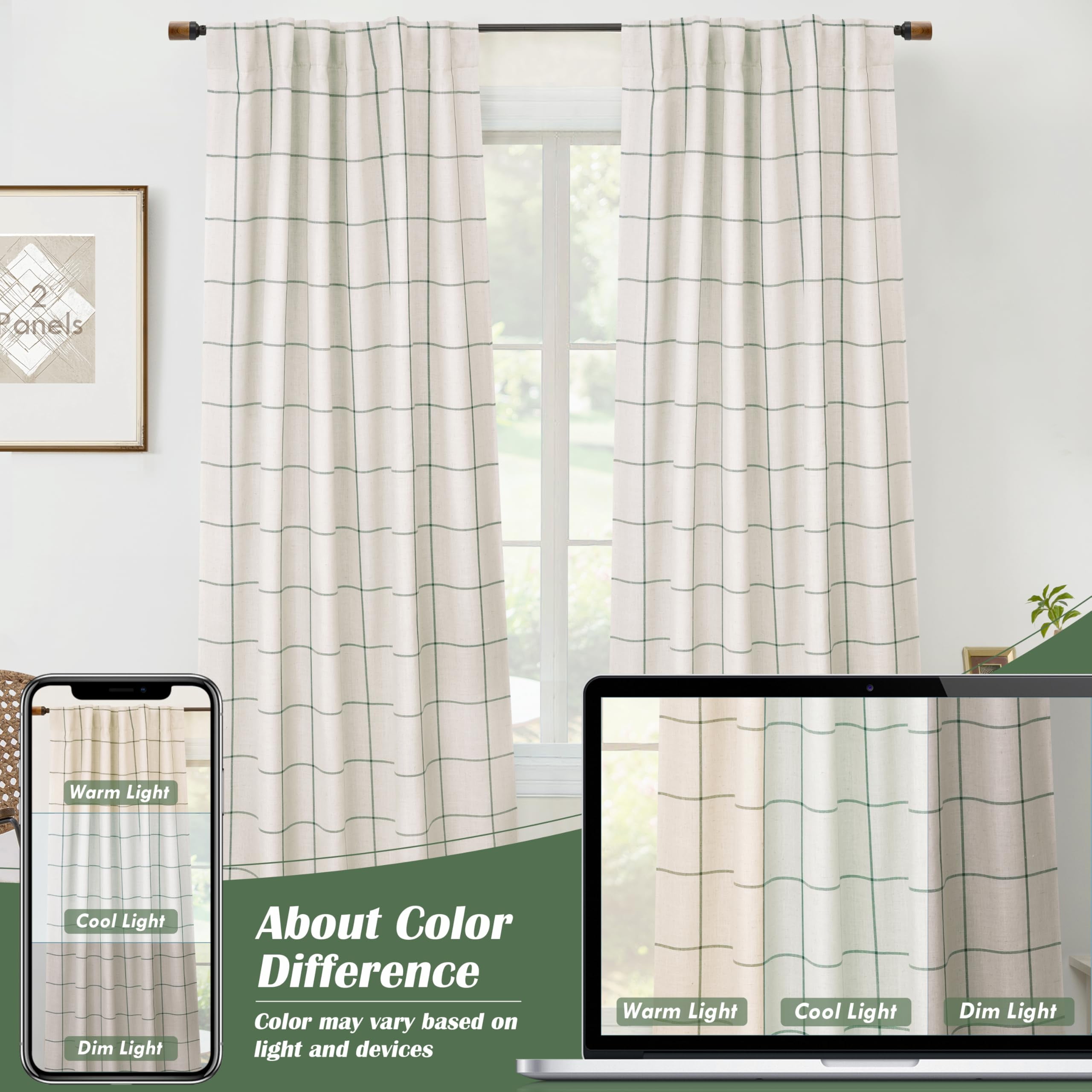 DriftAway 2 Panels 100% Blackout Windowpane Plaid Linen Curtains Double Layer Drapes for Bedroom 90 Inches Long Farmhouse Thermal Insulated 3.25 Inch Rod Pocket Back Tab for Living Room Loden Green