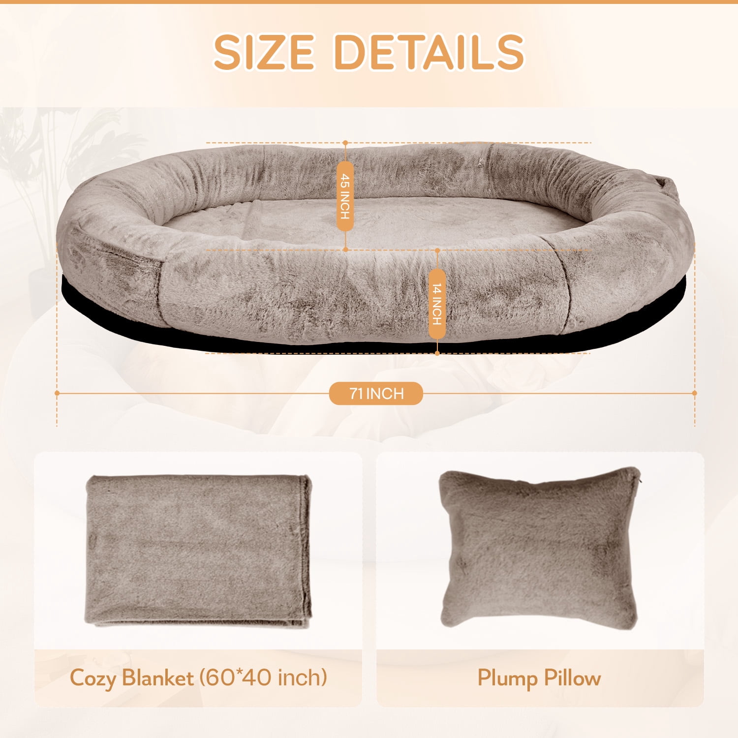 Pipopa Human Dog Bed,71"x45"x14"Large Size fits for adults&Pets,Washable Cover Dog Bed with Pillow and Blanket,Extra Large Human Size Beanbag Bed,Camel