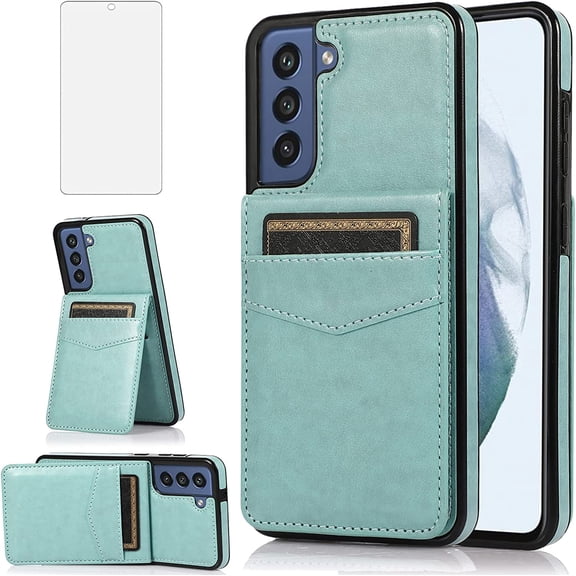 Phone Case for Samsung Galaxy S21 FE Gaxaly S 21 FE 5G with Tempered Glass Screen Protector Credit Card Holder Wallet Cover Stand Leather Cell Glaxay S21FE5G UW S21FE 21S G5 Women Men Green