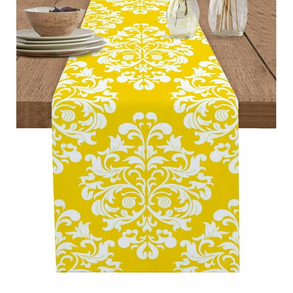 Table Runners 90 Inches Long Dress Scarves, Baroque Yellow Farmhouse Coffee/Dining/Kitchen Table Runner for Living Room, Vintage Damask Classic Floral 13x90 Inch