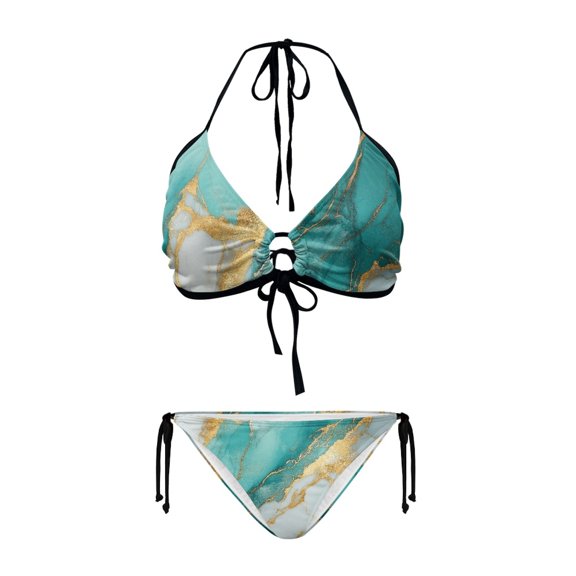 Chririnla Teal Gold Marble Halter Triangle Bikini Set - Sexy Tie Side Two Piece Swimsuit for Beach Vacation & Pool Party | Quick Dry, Stretchy Swimwear