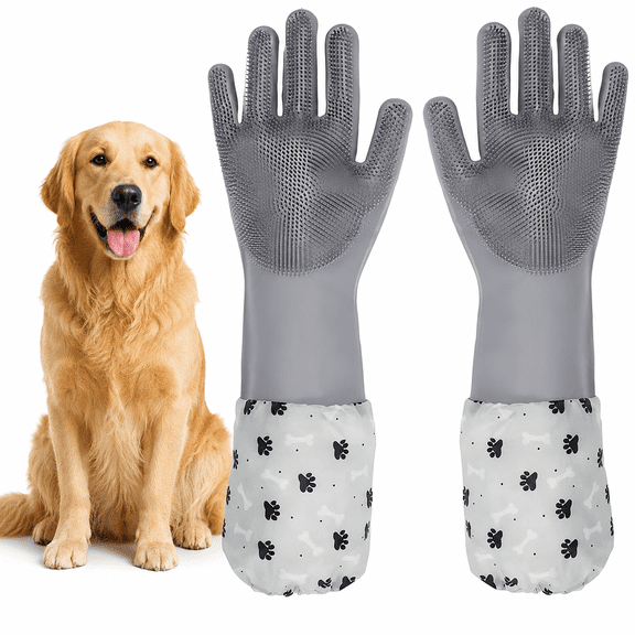 Dog Washing Gloves- Long Sleeved Pet Grooming Gloves - Heat Resistant Silicone Gloves with High-Density Teeth - Efficient Deshedding Glove for Dogs, Cats, Rabbits and Horses