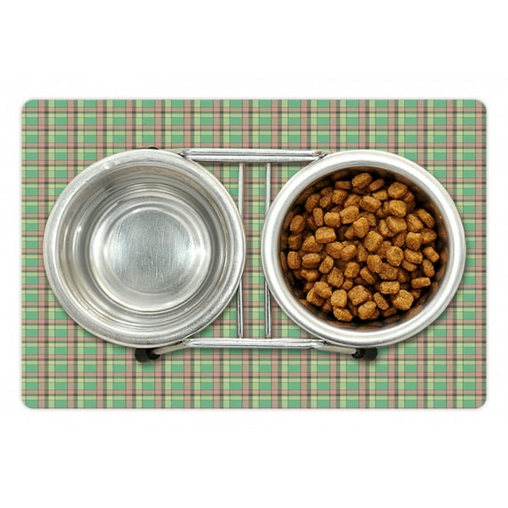 Vintage Pet Mat for Food and Water, Continuous Tartan Pattern with Checkered Squares in Pastel Colors, Non-Slip Rubber Mat for Dogs and Cats, 18" X 12", by Ambesonne