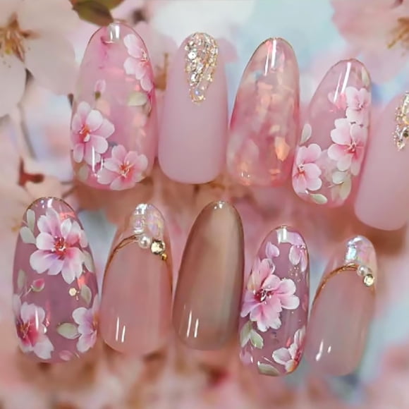 WBRRFJJ Set de 24 Uñas Postizas Almendra con Flores Rosas y Perlas 3D