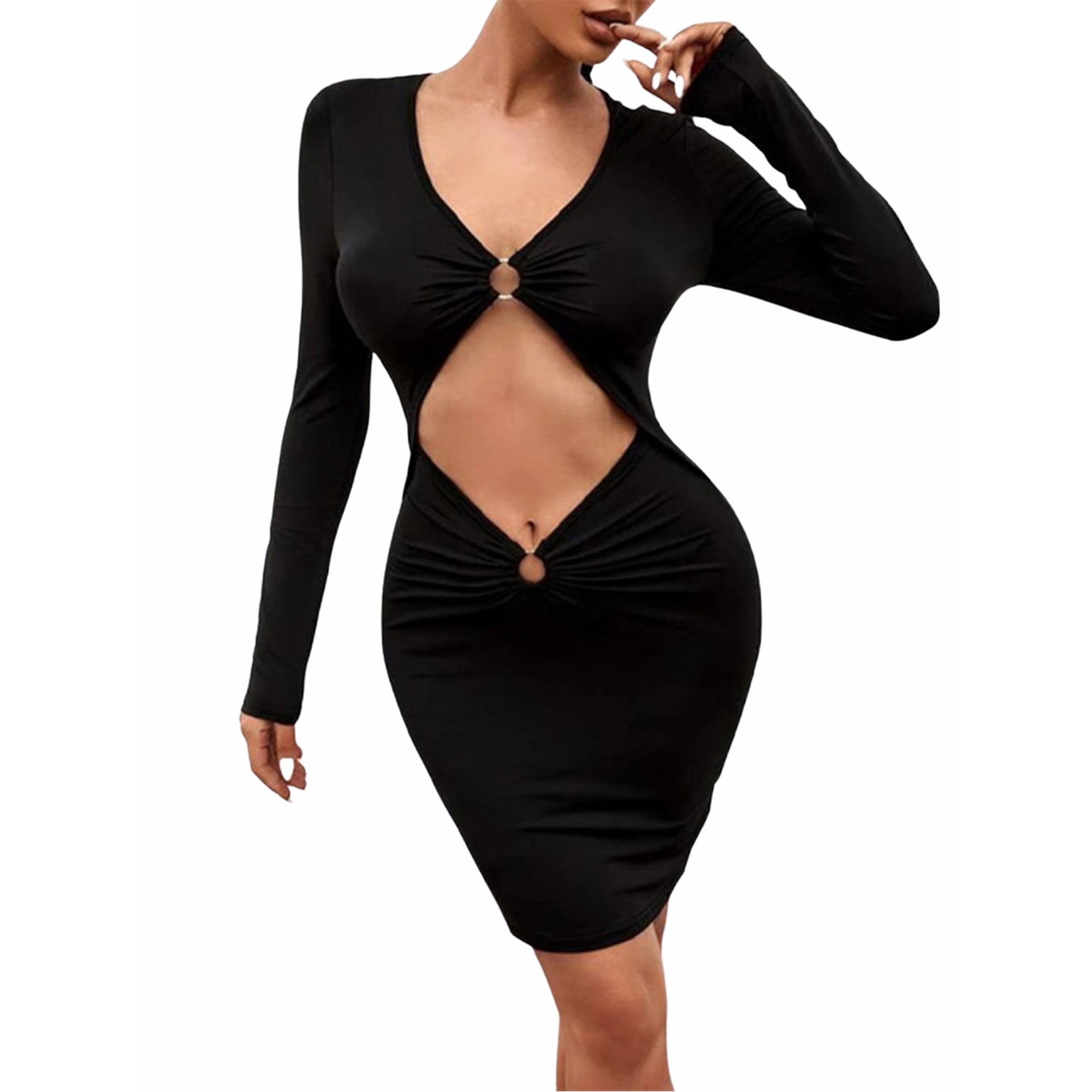 Xingqing Sexy Women Deep V Neck Cutout Hollow Front Bodycon Slim Dress Long  Sleeve Mini Vestidos Clubwear Black S - Walmart.ca