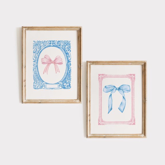 Luvia Coquette Bow Art Set Of 2, French Blue & Pink Ribbons, Feminine, Cottagecore, Girly Decor, Modern Wall Decor Set 2 Prints 8x12 UNFRAMED