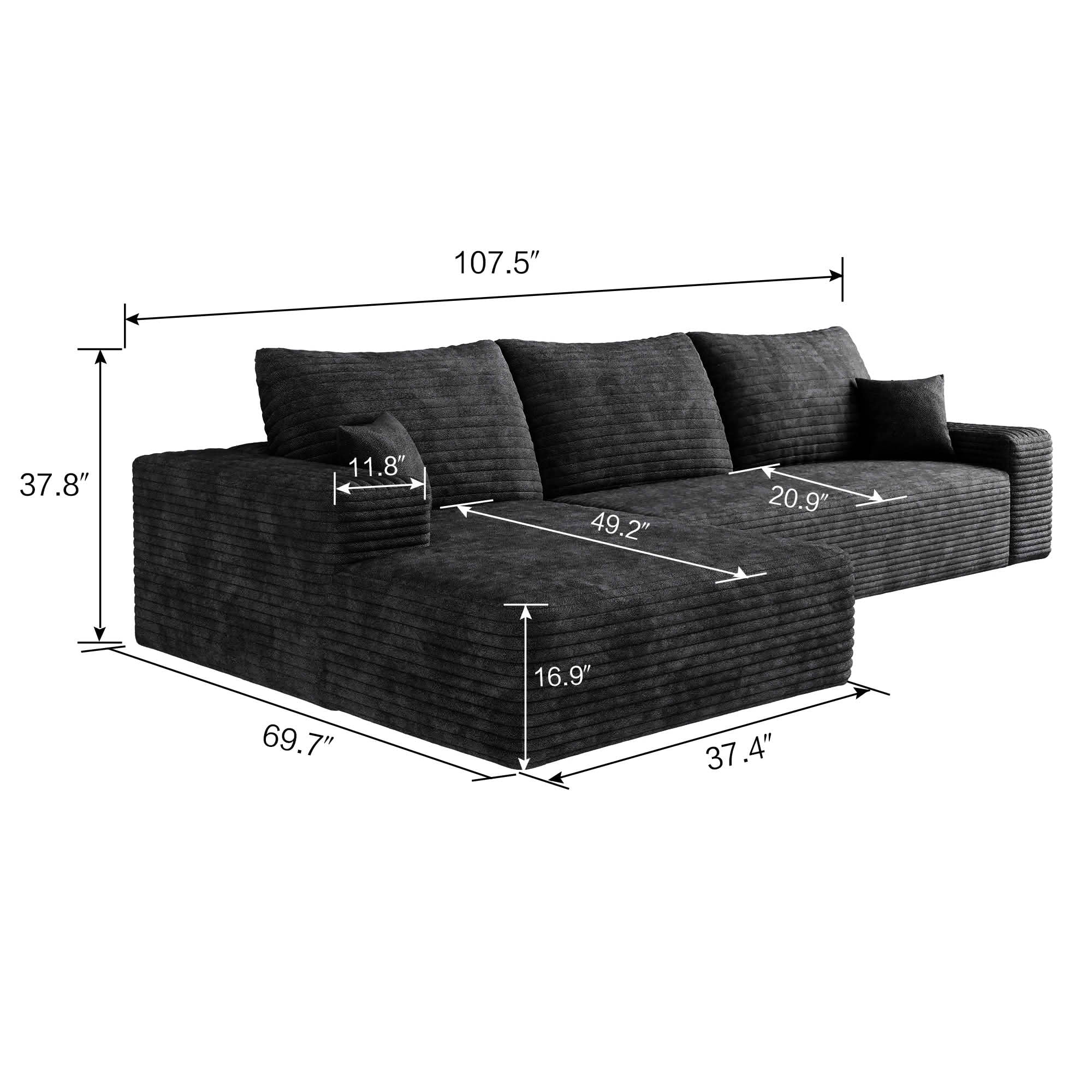 MAYEERTY Compressed 107" L‑Shaped Modular Cloud Sectional Sofa with Chaise, Plush Corduroy Reversible Deep‑Seat Couch, Independently Movable No‑Assembly Floor Sofa