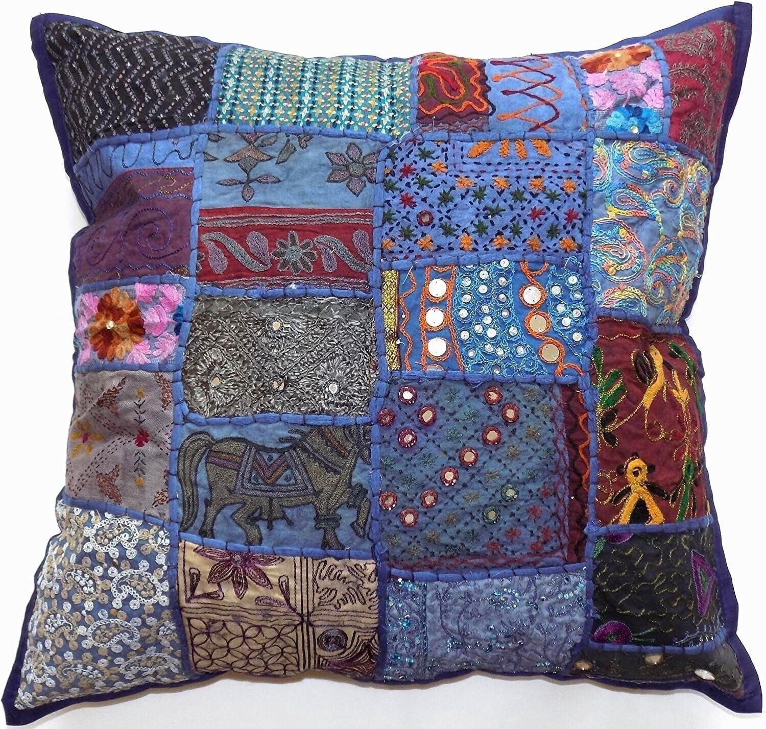 Indian Bohemian Decorative Sofa Throw Pillow Cover 16 Inch Cotton Patchwork Geometric Indian Square Couch Cushion Cover (Size - 40x40 cm ; Color: Blue )