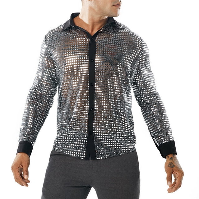 Txlixc Camisa de lentejuelas de primavera y otoño para hombres Txlixc moda