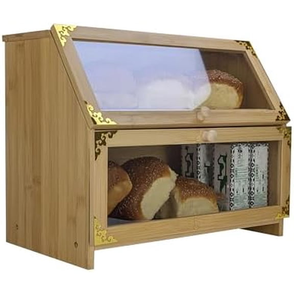 Extra Large Bamboo Corner Bread Box for Kitchen Countertop - Double Layer, Airtight Bread Bin and Holder, Natural Bread Storage Container, Ideal Natural Breadbox Keeper for Homemade Breads