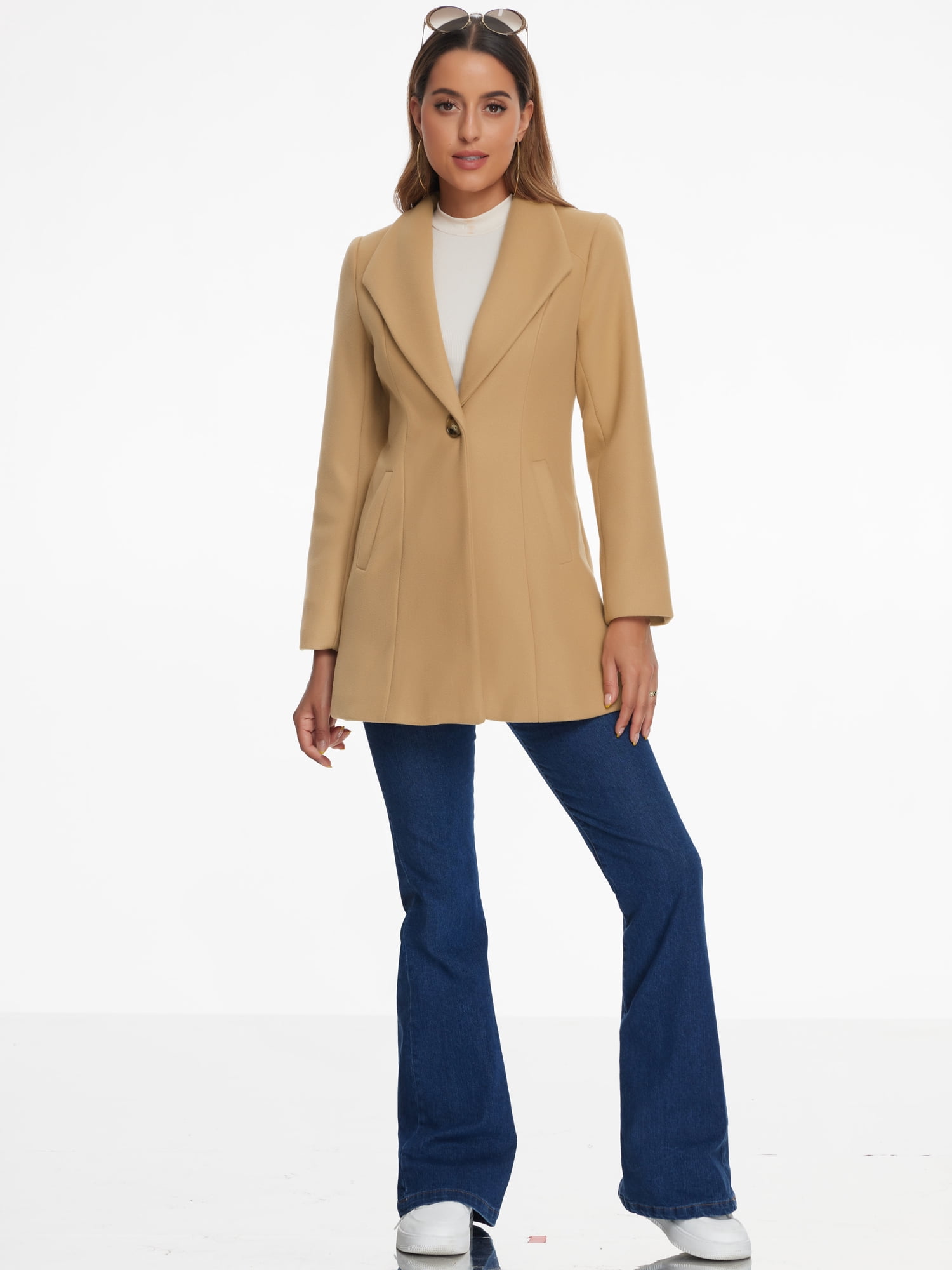 DARING DIVA Women's Turn Down Collar Buttoned Casual Mid-Long Winter Coat Khaki 3XL