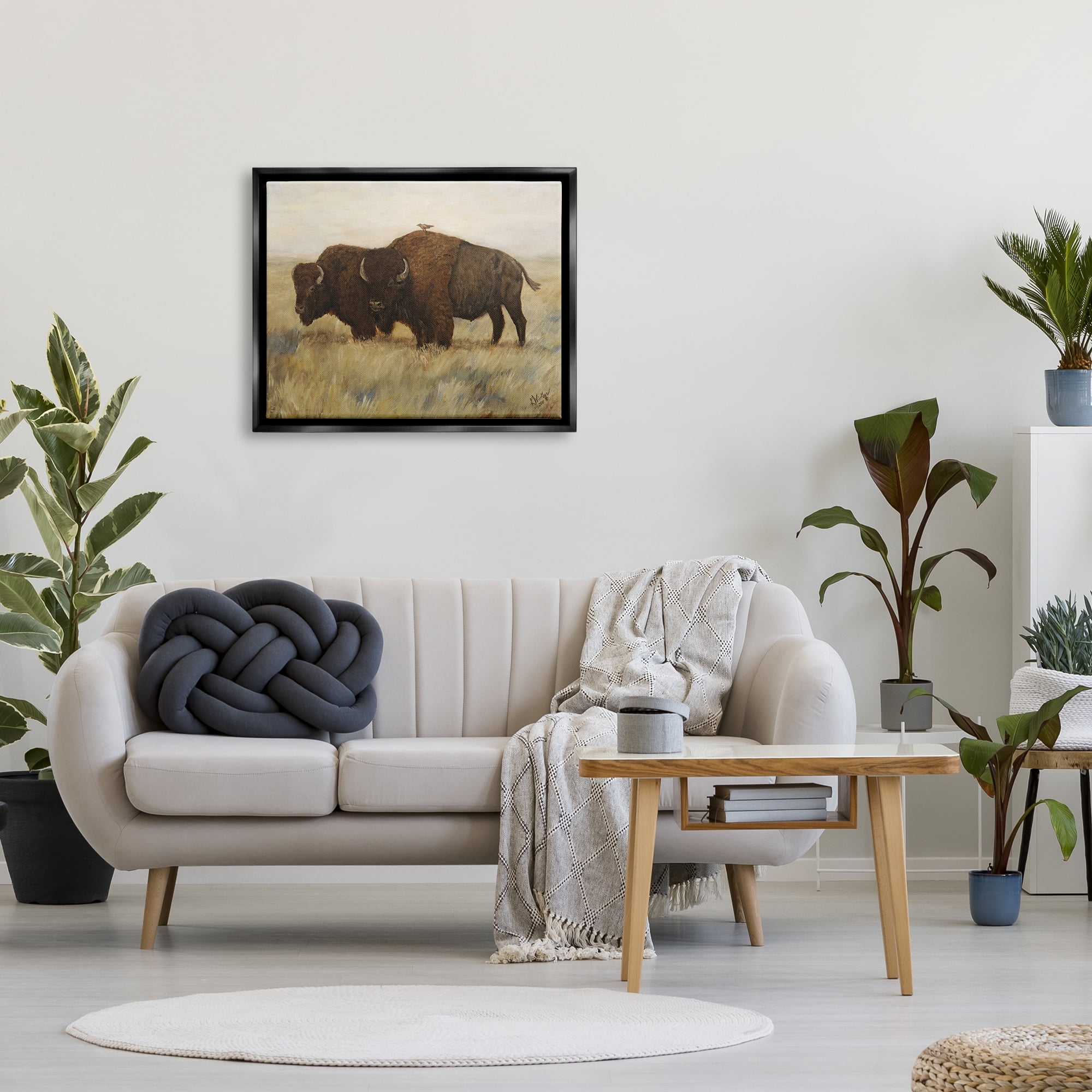 Stupell Industries Bird on Bison Rural Scene Animals & Insects Painting Black Floater Framed Art Print Wall Art
