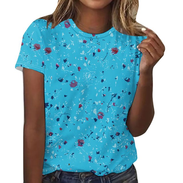 Camisetas de Mujer con Cuello Redondo Blusas de Manga Corta Imprimir Top, Camisetas de Mujer para Primavera Verano Casual