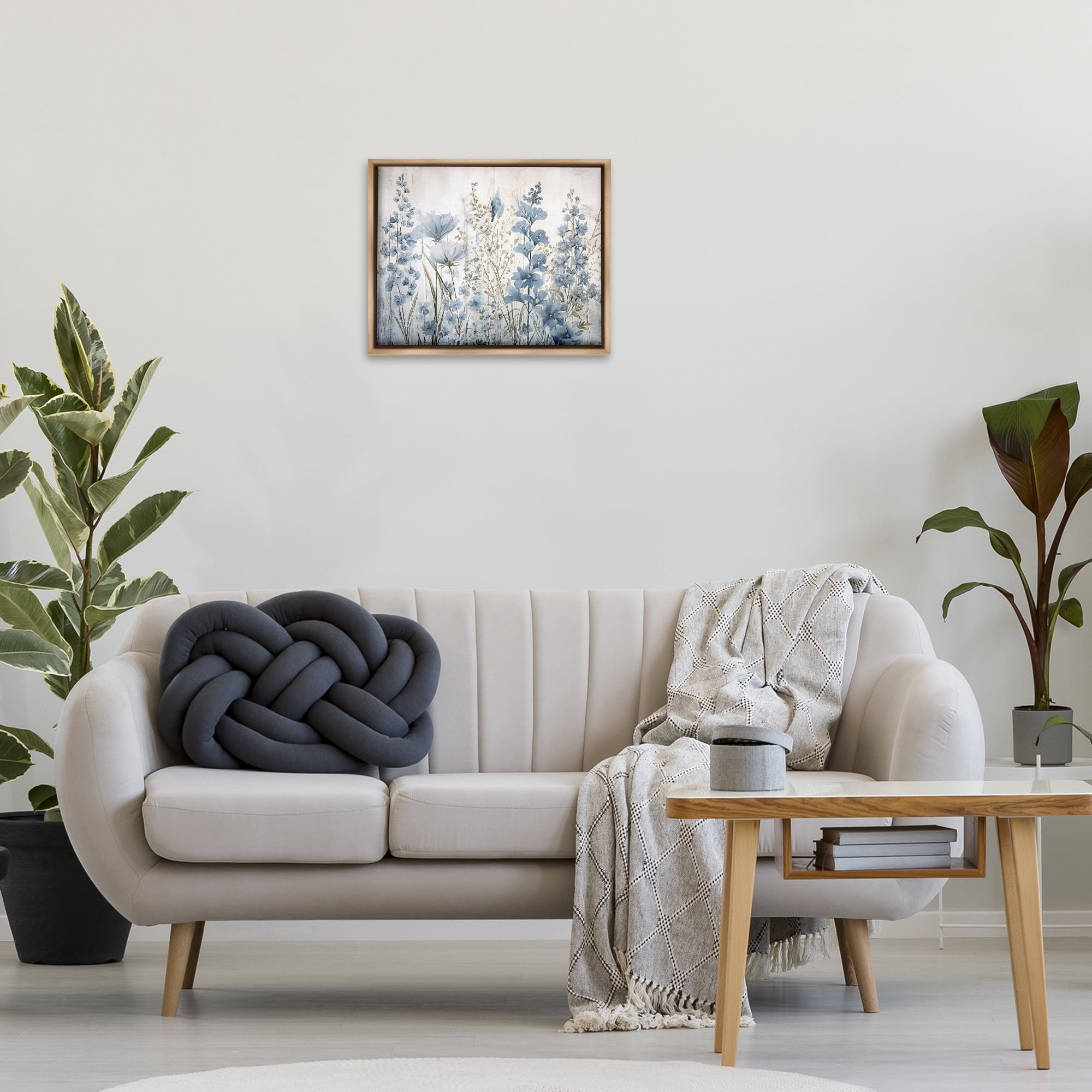 Stupell Industries Blue Nature Blooms Plants & Flowers Painting Brown Floater Framed Canvas Art Print Wall Art, 21 x 17