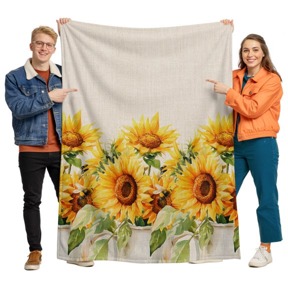 Flannel Throw Blanket for Couch Sofa Bed, Summer Sunflower Watercolor Soft Cozy Warm Fuzzy Blanket 40x50in