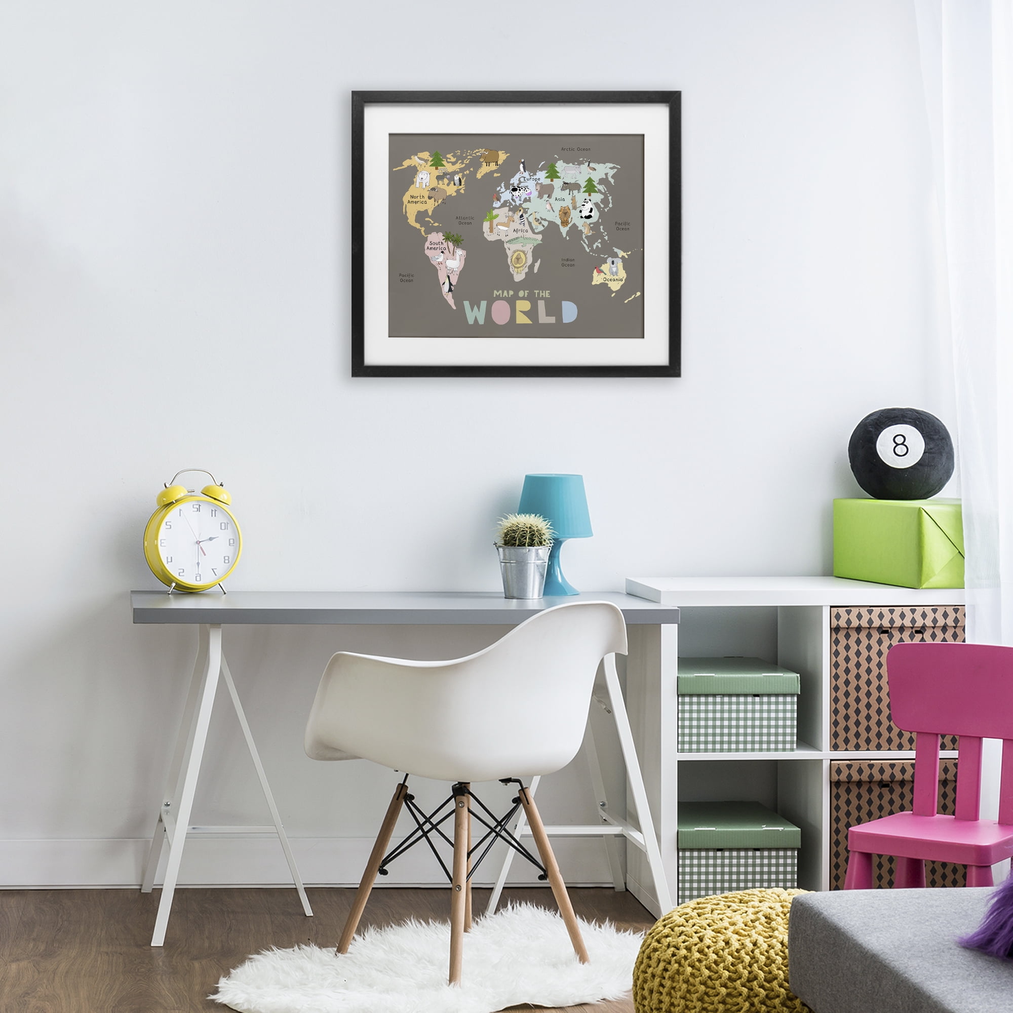 Kid's Map Of World Brown Black Framed Print Under Glass, design by Carla Daly