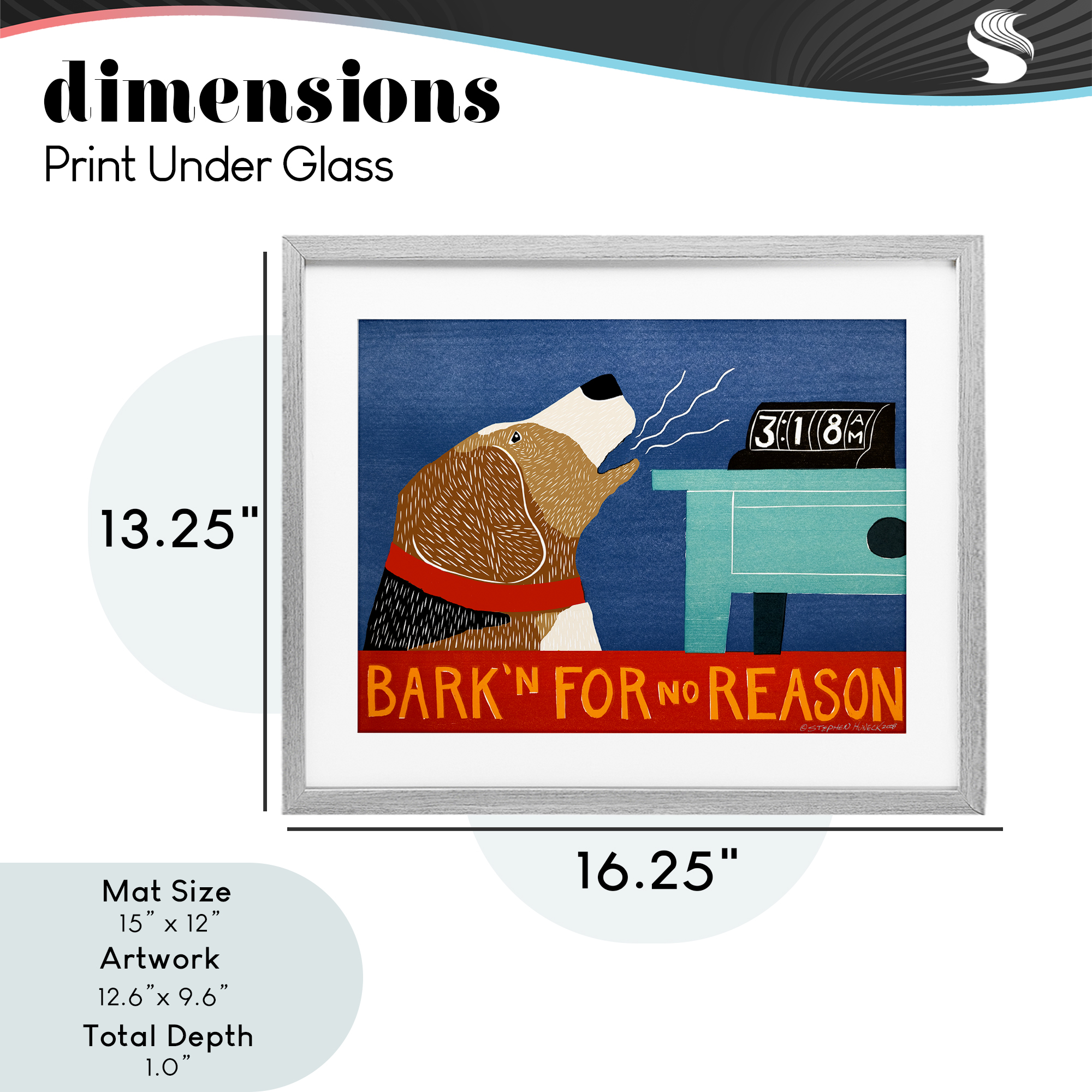 Bark'n For No Reason Gray Framed Print Under Glass, design by Stephen Huneck