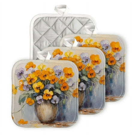 

Bahomeck Pot Holder 4Pcs Yellow And Violet Pansies In Pot On Light Background Square Heat Resistant Hot Pads For Kitchen Cooking Oven With Hanging Loop Potholder Easy To Store