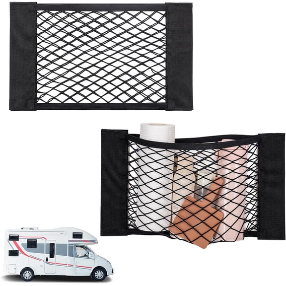 2PCS RV Cargo Storage Mesh Net, Elastic Stretchable Netting Pocket with 4 Adhesive Strip Wall Sticker for SUV, Truck(17.7 x 9.5 Inch)