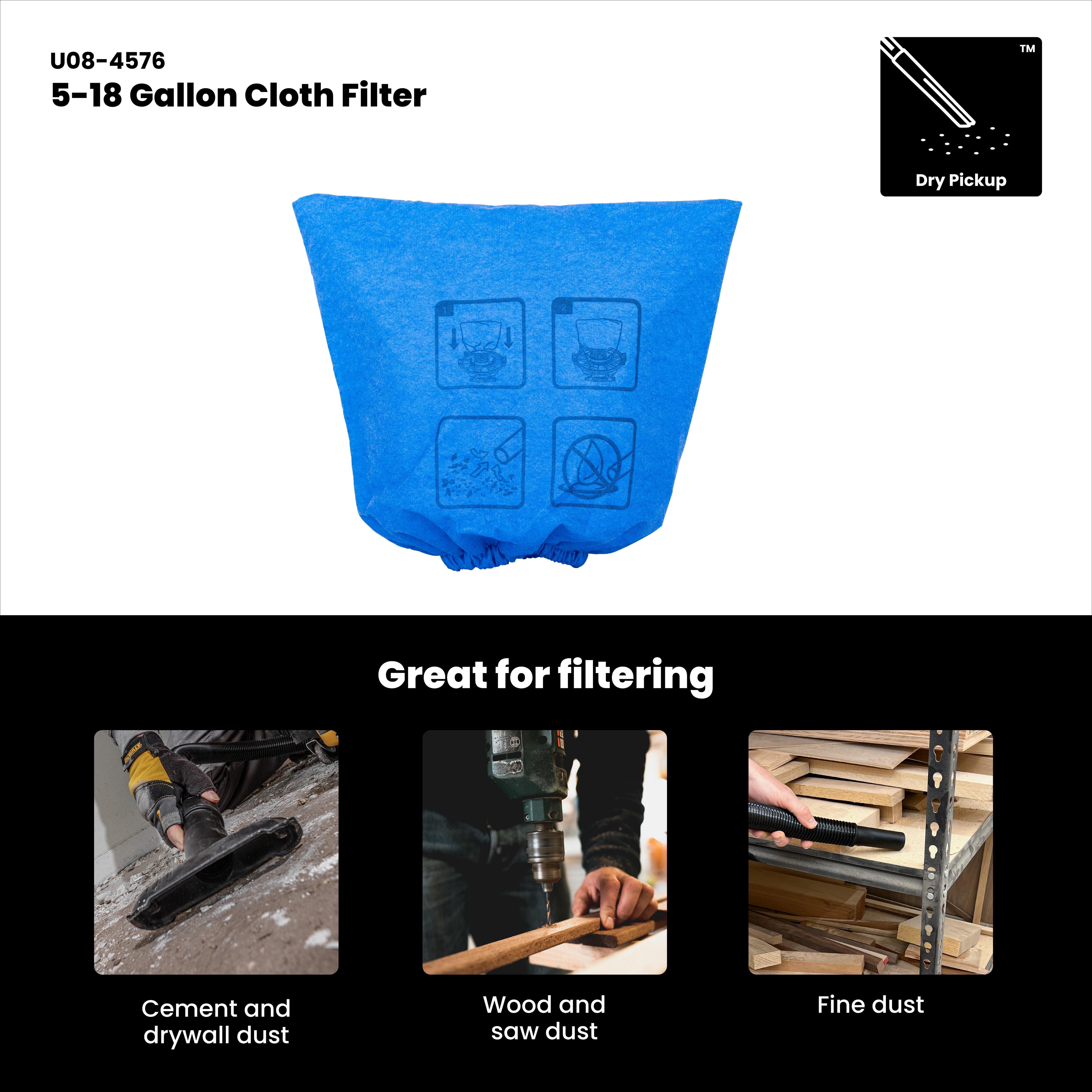 Universal Cloth Filter for Dry Pickup, 1-Pack, 5-18 Gallon Wet/Dry Vacuums