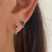 1.0Ct Baguette Cut Lab Created Emerald Mini Huggie Hoop Earrings for Women in Sterling Silver