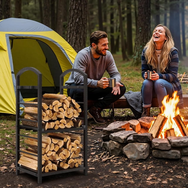 OUYAWEI Tall Firewood Rack Indoor Outdoor 30 Inch High with Kindling Hooks Log Storage Organizer Copper
