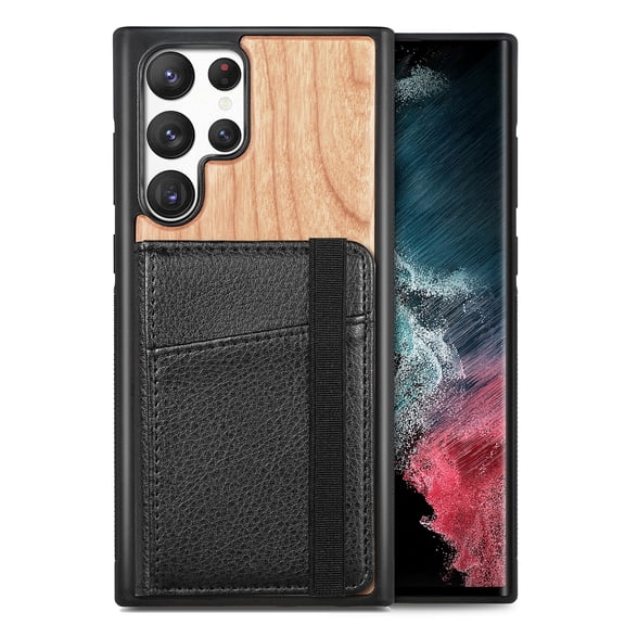 Mantto Case for Samsung Galaxy S22 Ultra 6.8 inch 5G, Wooden Texture Kickstand Holder Lightweight Magnetic Credit Card Photo Slot Back Phone Cover for Samsung Galaxy S22 Ultra 6.8 inch, Cherrywood