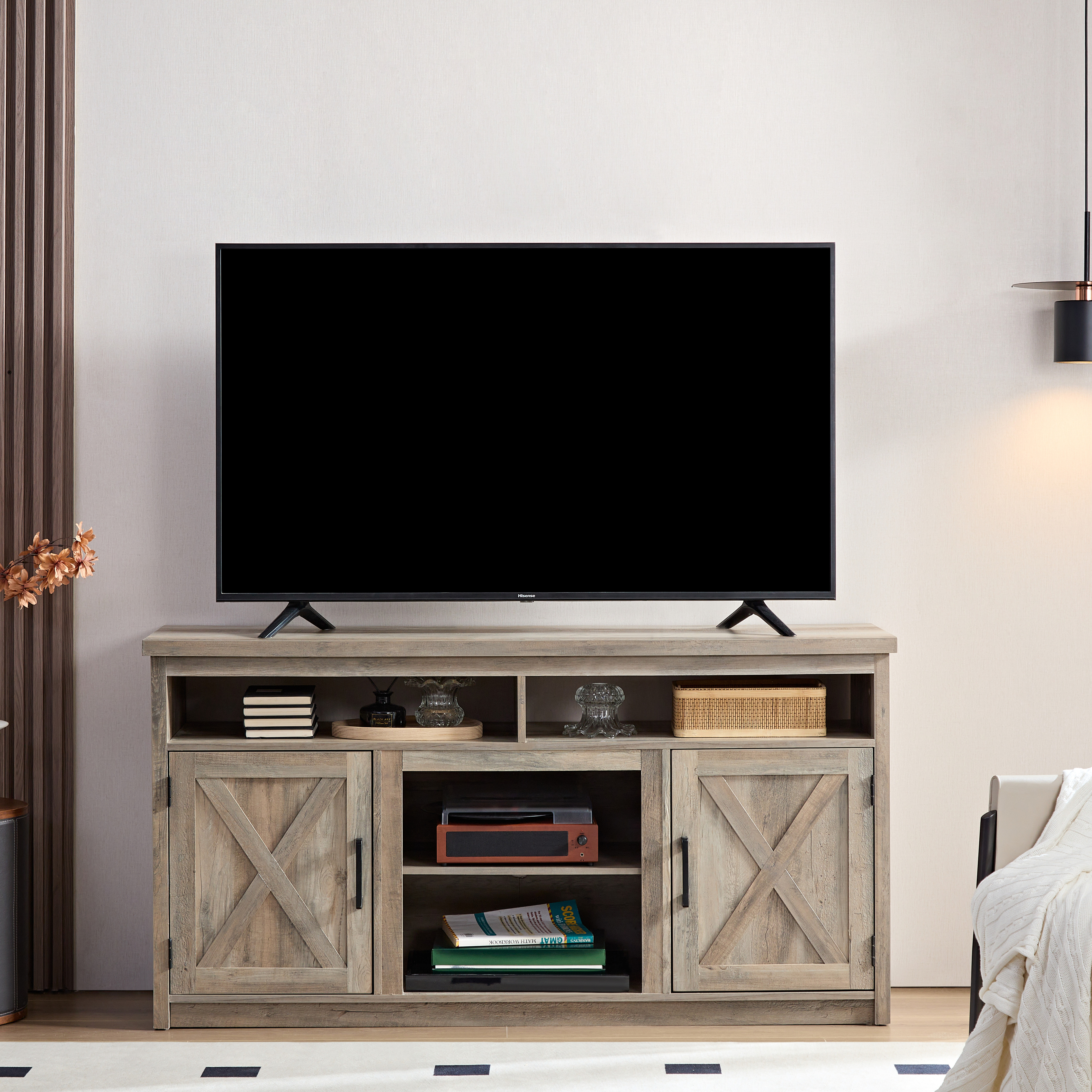 Aukfa Farmhouse Barn Door TV Stand for TVs up to 65'' for Living Room, Gray Wash