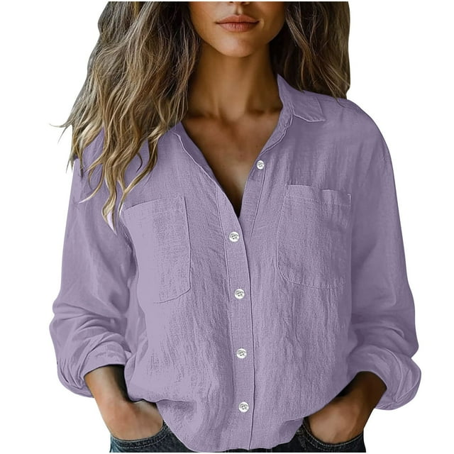 aidice Chemises pour Femmes en Coton et Lin Légères à Col à Revers à Manches Longues Boutonnées Blouse Ample Décontractée