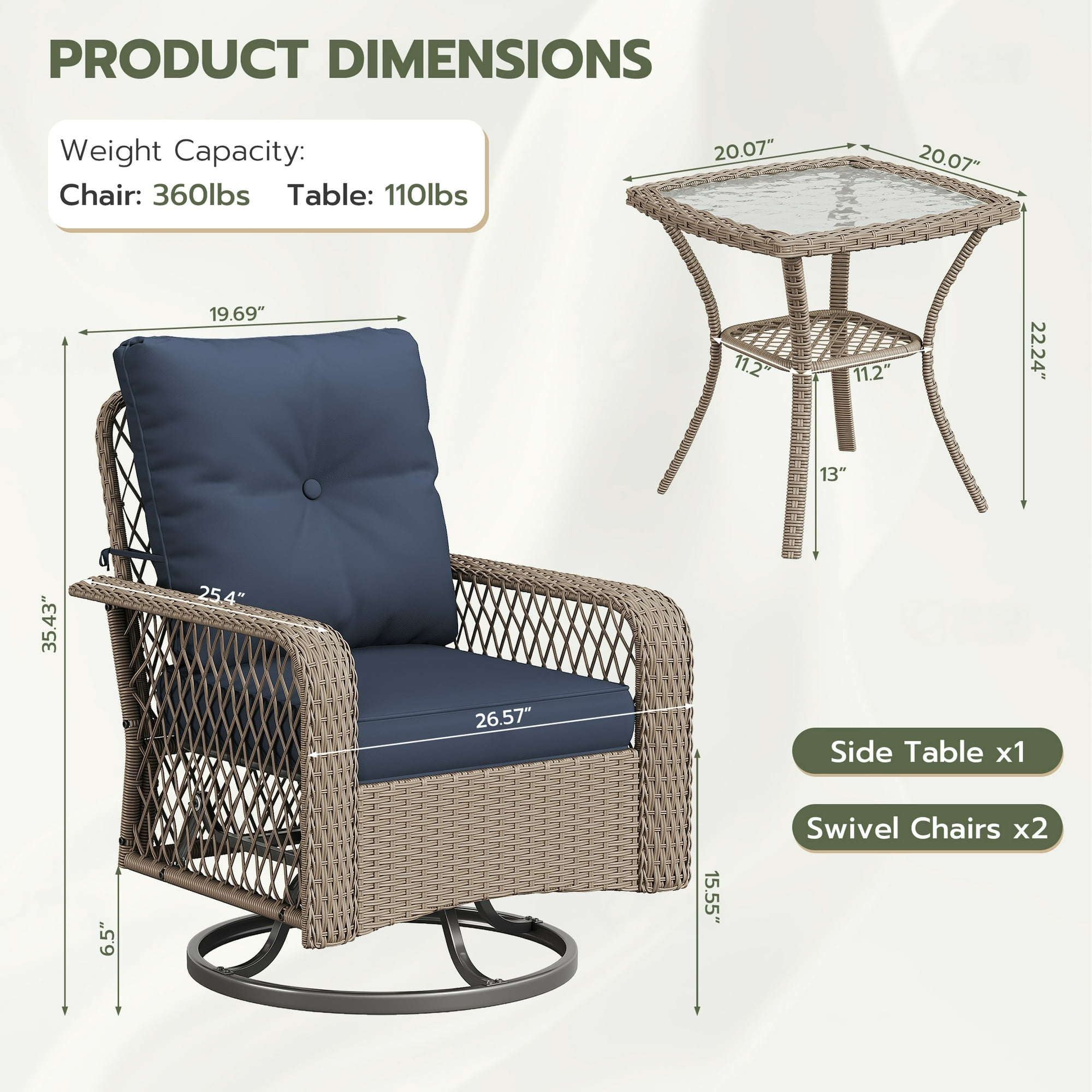 POTEBAN 3 Pieces Patio Furniture Set, Outdoor Swivel Gliders Rocker, Glass Top Side Table (Navy Blue)