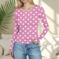 thumbnail image 2 of YOIAVAIOY Women Ribbed Knit Long Sleeve Shirts Slim Fit Basic Tee Casual Polka Dot Crew Neck Going Out Textured Tops Pink M, 2 of 6