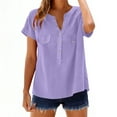 thumbnail image 2 of Mceream Cotton Linen Shirts for Women Loose Fit Button Down Summer Loose Fit Short Sleeve V Neck Tops Dressy Casual Oversized Tshirts Comfort Work Tops Plus Size Camisa De Algodon Para Mujer Purple L, 2 of 7