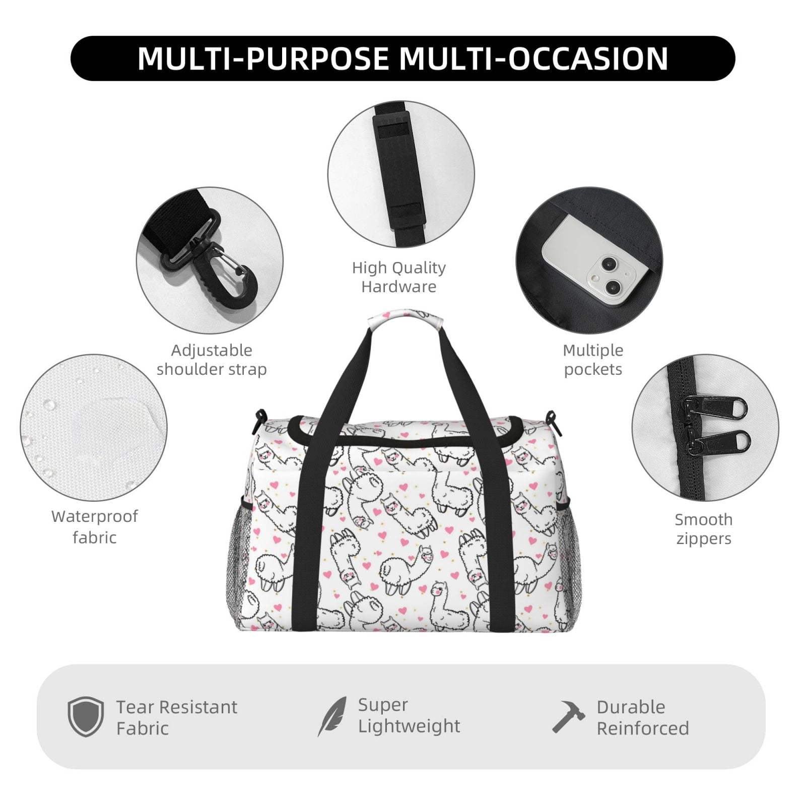 Fuzoiu Alpacas and Hearts Print Travel Duffle Bag,Carry On Tote Bags,Duffel Bag,Sport Gym Bag, Hospital Bag for Labor and Delivery, Overnight Bag,Luggage Bag