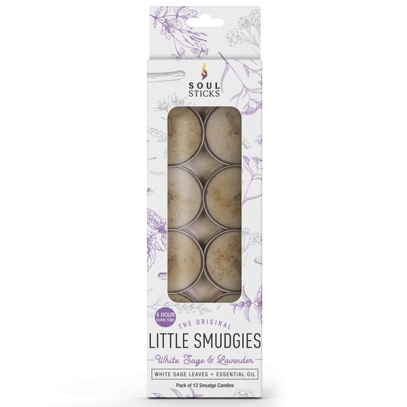 Soul Sticks 12 Pack Lavender with White Sage Smudge Tealight Candles or Cleansing House, Meditation, Chakra Healing | Made with Crystals and Herbs
