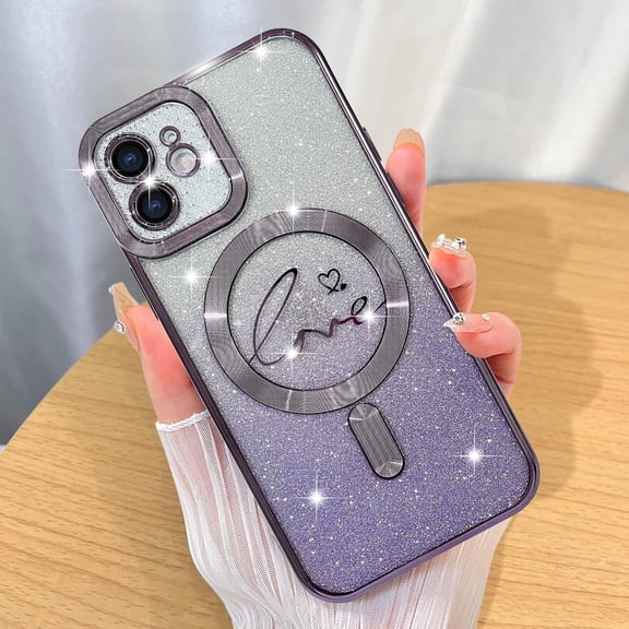 Magnetic Case Designed for iPhone 12 Glitter Case Luxury Plating Love Heart Compatible with MagSafe Clear Case with Camera Protector Protection Shockproof Cover for Women Girls-Purple