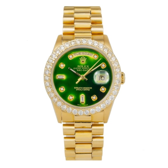 Pre-Owned Rolex Day-Date 36MM 18238 Green Diamond Dial Diamond Bezel 18K Yellow Gold President Bracelet
